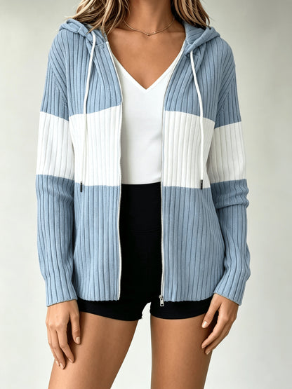A Hooded Cardigan with Color Blocks Is Essential for And Office Employees When They Are Out And about Or Visiting Cafes in Their Everyday Lives. It Is Lightweight, Flexible, And Can Be Washed in a Machine, Making It a Vital Piece for Spring, Fall