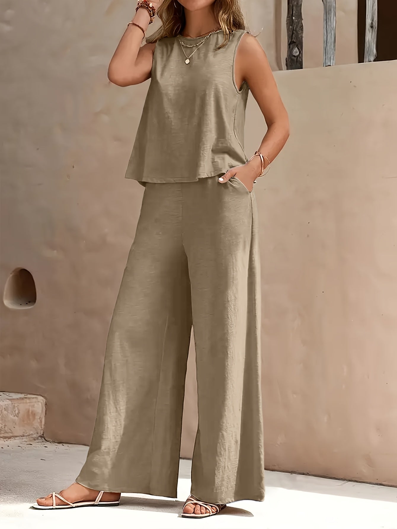 Lady'S Fashionable Red Sleeveless Top And Wide-leg Pants Set - Fiber, Solid Color, Suitable For Spring And Summer Casual Wear