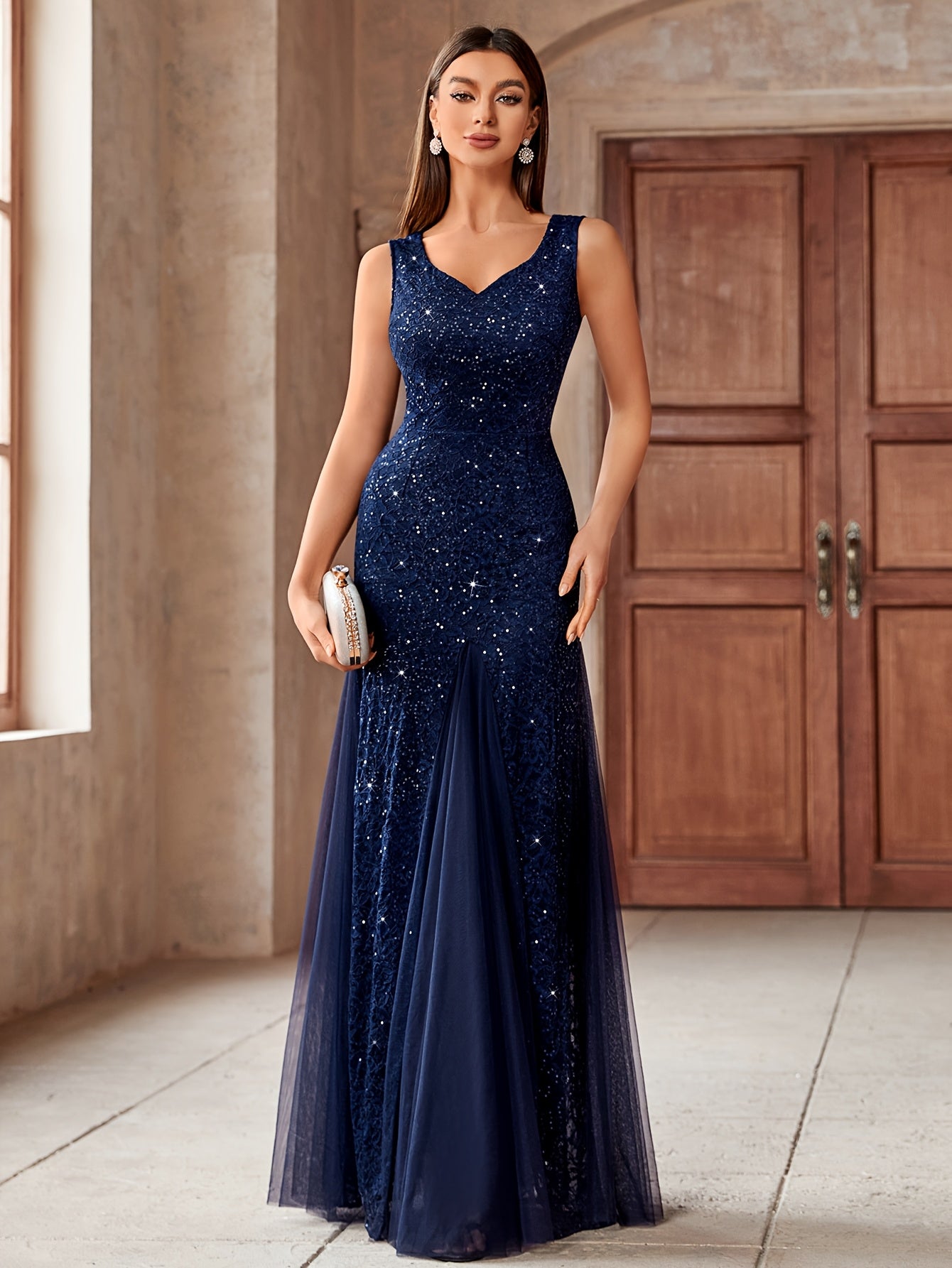 23218 Elegant Women's Sequin Lace Long Evening Bridesmaid Dress, Sweetheart Neckline Sleeveless Design with Slit Tulle Mermaid Hem, Perfect for Formal Wedding Party