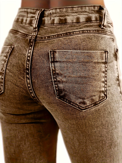 High Waisted Brown Washed Vintage Western Denim Style Stacked Elastic Horseshoe Slightly Flared Pants