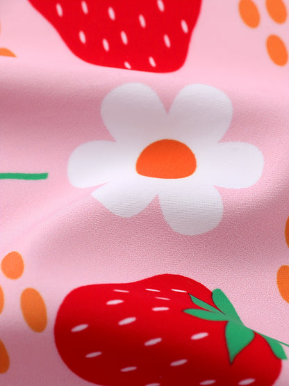 Baby Girl Swimsuit One-Piece Long Sleeved Sunscreen Suit with Hat Set Zipper Swimsuit Cute Strawberry Flower Mermaid Flamingo Beach Outfit