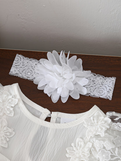 2pcs Baby Girl'S Lace Dress Set, Crew Neck, Long Sleeve, Solid Color, Non-Stretch Fabric, with Contrast Lace Detail, with Matching Floral Headband, for Spring/Fall, Elegant Princess Style Ha Yi Skirt Outfit for Children