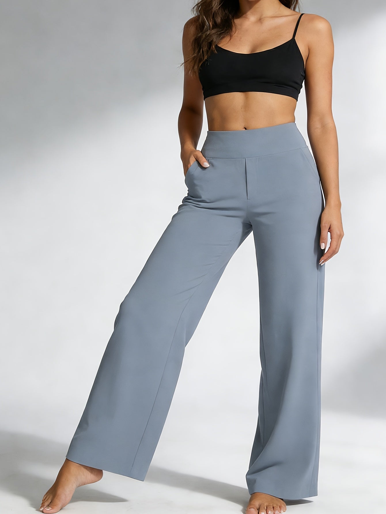 1pc Summer High-waisted Casual Pants, with Pockets And Stretch for Ladies, Straight-leg Pants for Women, Fashionable Yoga Sportswear for Ladies, Yoga Pants for Women
