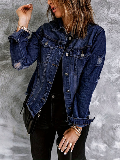 Women's Ripped Washed Button-Up Denim Jacket Coat with Pockets, Casual Classic Distressed Denim Outerwear TZ001