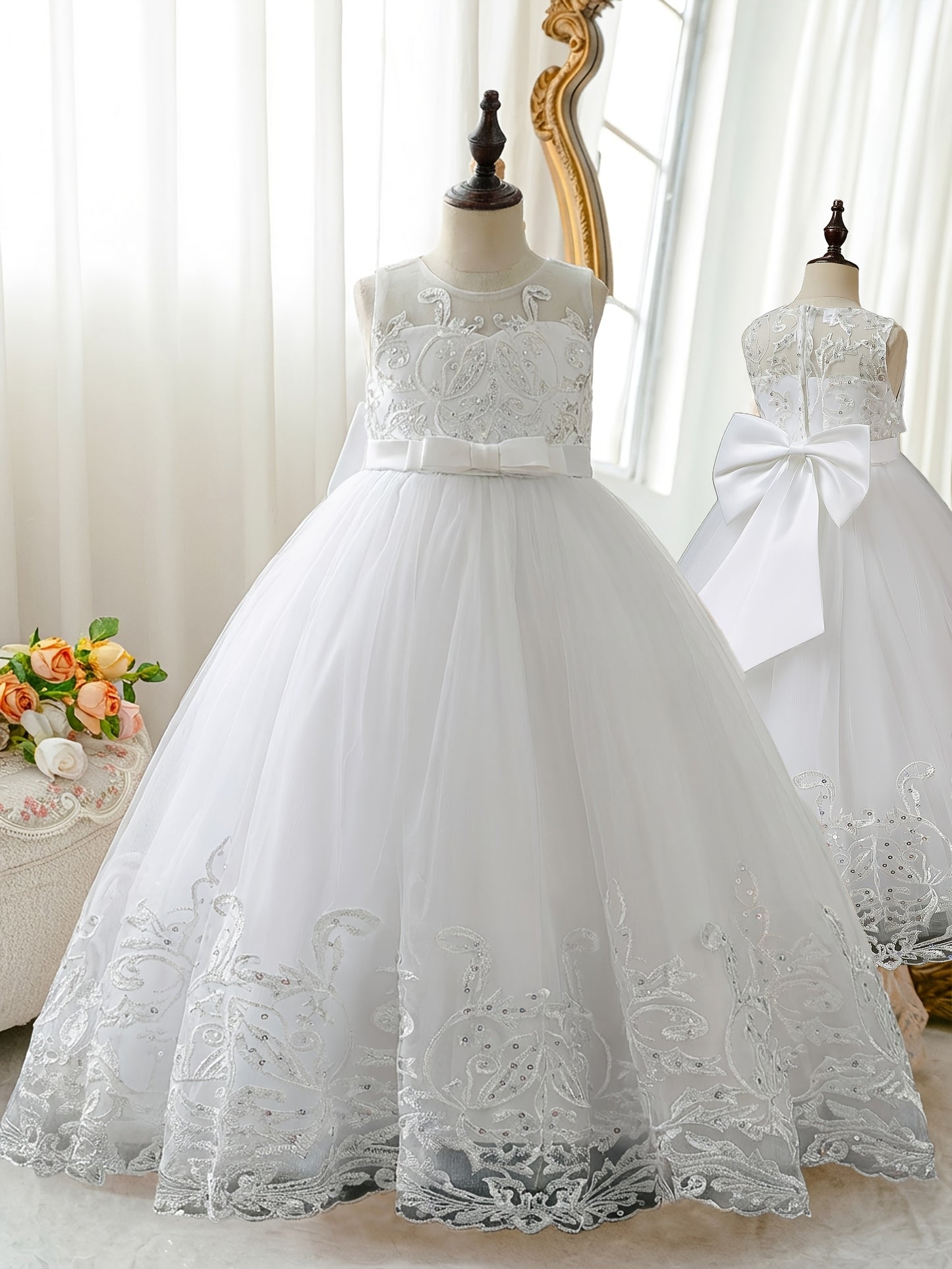 Flower Girl Lace Dress for Kids Wedding Bridesmaid Pageant Party Formal Long Gown Princess Communion Tulle Bow Dresses