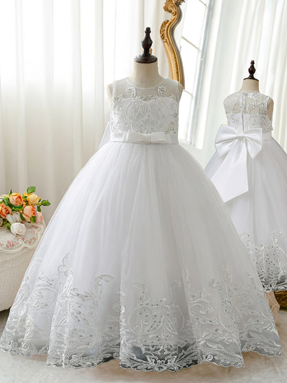 Flower Girl Lace Dress for Kids Wedding Bridesmaid Pageant Party Formal Long Gown Princess Communion Tulle Bow Dresses