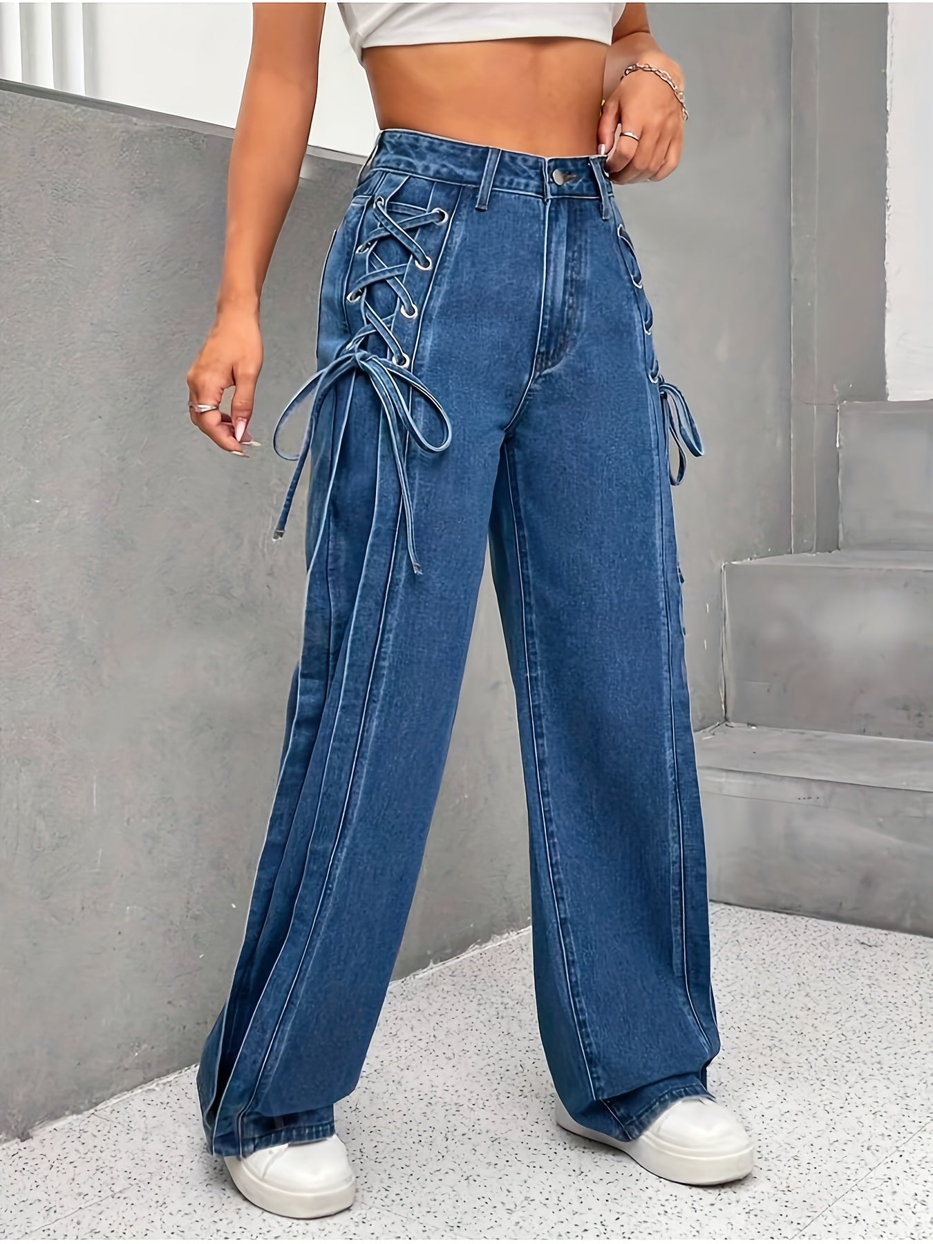 Plus Size Y2K Sexy Style Lace-Up Bow Loose Jeans