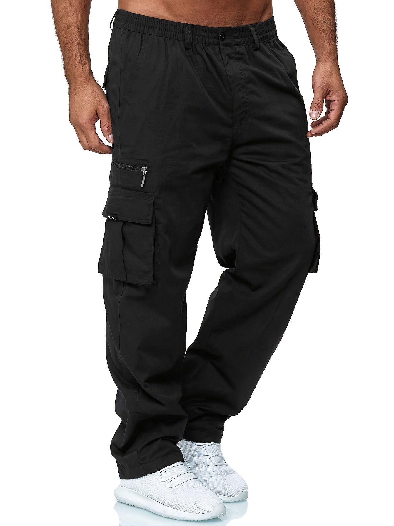 3pcs Men'S Casual Solid Color Cargo Pants, Polyester Non-Stretch Woven Fabric, Multiple Pockets, Regular Fit, Spring/Fall Season, Hiking & Outdoor Scene, Weekend Casual Occasion, Thick
