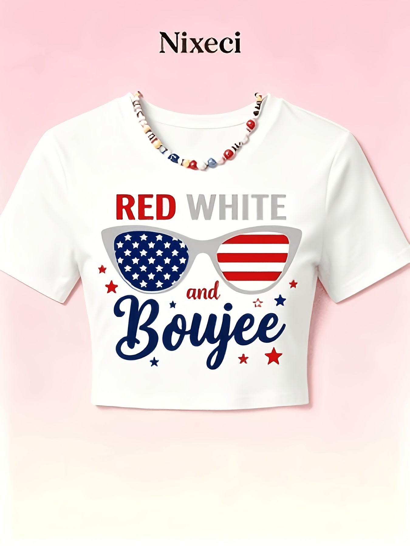 Fashion Glasses American Flag Left Lens Fashion Pattern Print Sexy Slim-Fit Crop Top for Women, Versatile Short Sleeve Round Neck Women'S T-Shirt, Spring/Summer Essential Cropped Top
