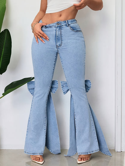 These Mid-Rise Flared Jeans for Women Feature Large Bow Ribbon Accents, Are Slim-Fitting with a Bit of Stretch, And Are Perfect for Any Season And a Variety of Events
