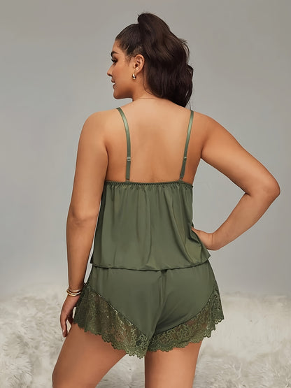 2025 Summer Plus-size Pajama For Chubby, Lace Two-piece Sexy Deep V Halter Shorts Home Wear Set