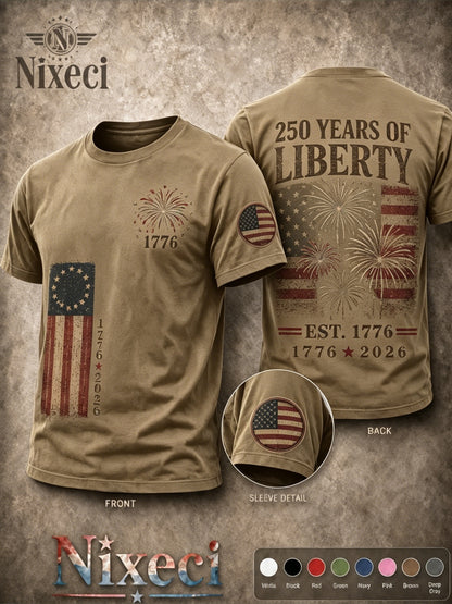 Nixeci Pure T-Shirt Men'S 180G Summer Crewneck Short Sleeve, Patriotic Vintage American Flag Fireworks Double-Sided Multi Print, 4Th of July Independence Day 250 Years of Liberty Casual Loose Fit Tee
