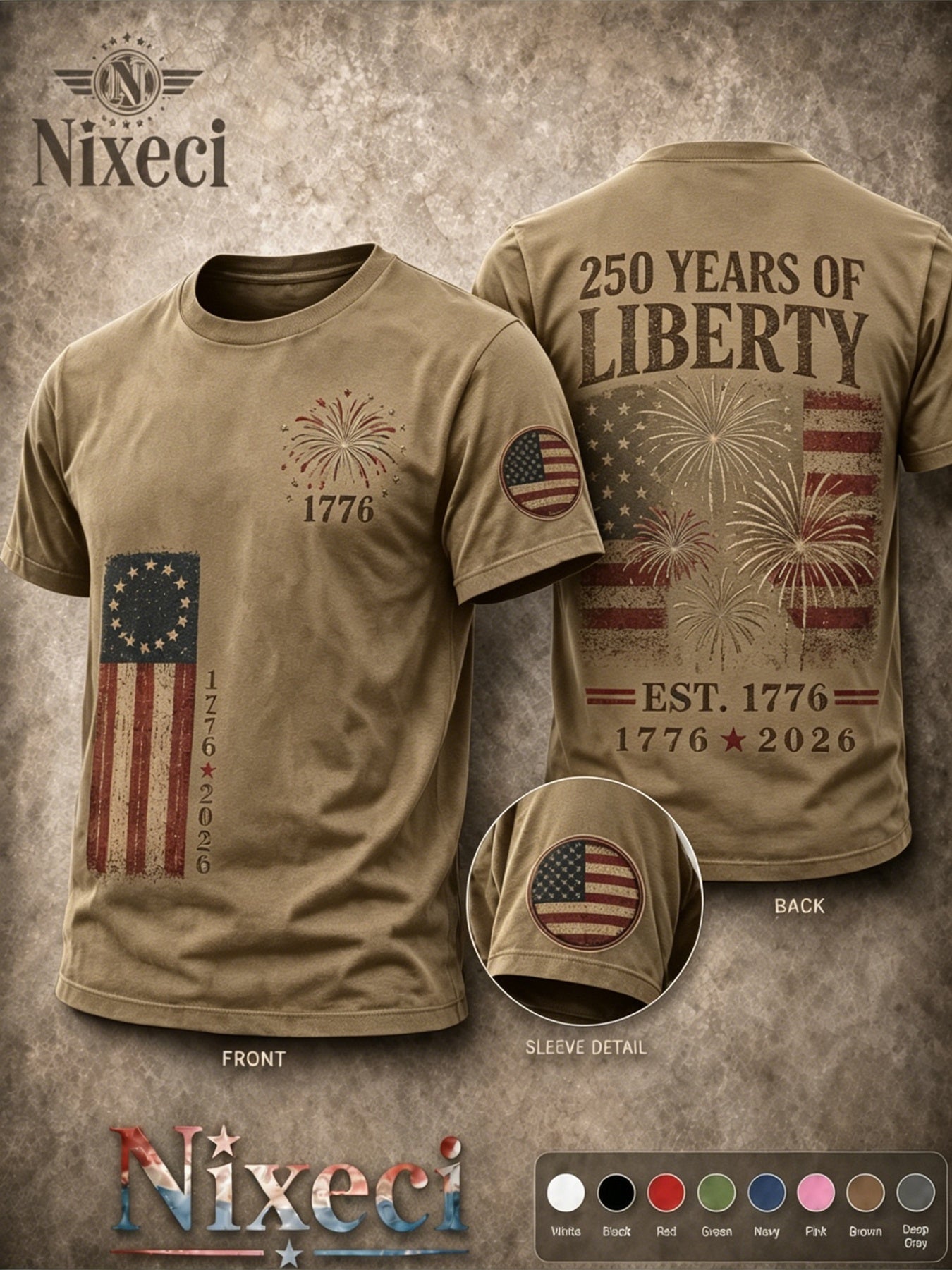 Nixeci Pure T-Shirt Men'S 180G Summer Crewneck Short Sleeve, Patriotic Vintage American Flag Fireworks Double-Sided Multi Print, 4Th of July Independence Day 250 Years of Liberty Casual Loose Fit Tee