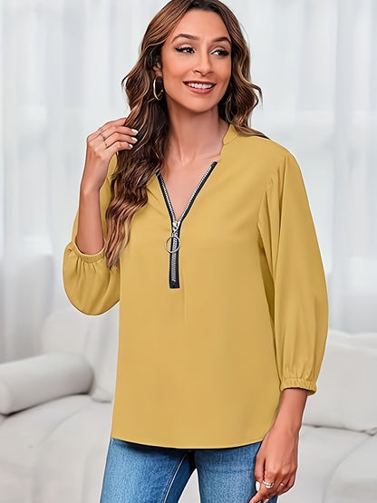 Solid Color Zipper Up Blouse, Casual V Neck Long Sleeve Blouse For Spring & Fall, Women'S Clothing