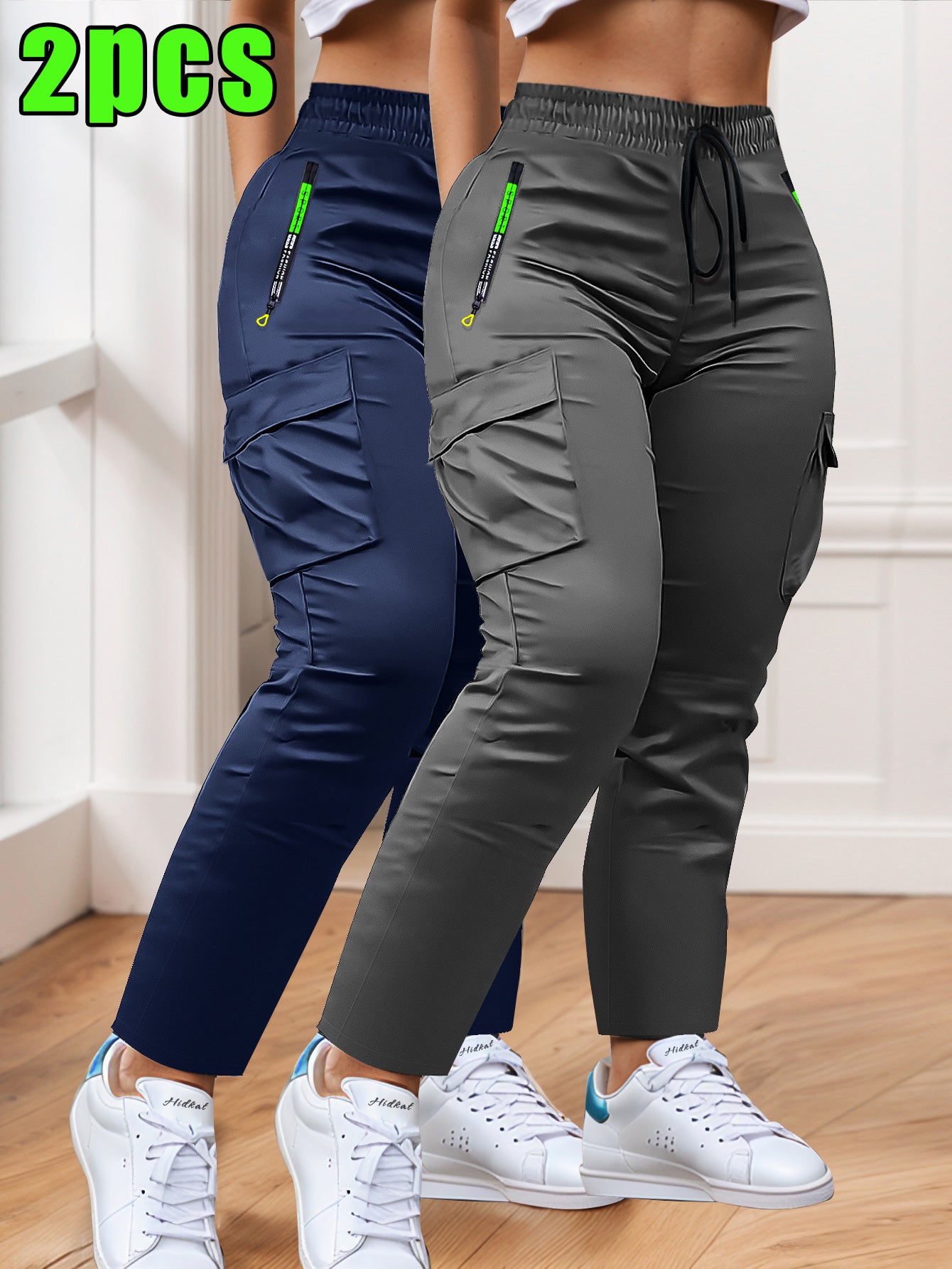 2-pack of Women'S Multi-pocket Slim Cargo Pants, Drawstring Zip Pocket Design, Straight Leg Casual Trousers, Suitable for Outdoor Sports, Everyday Wear, and Dates.