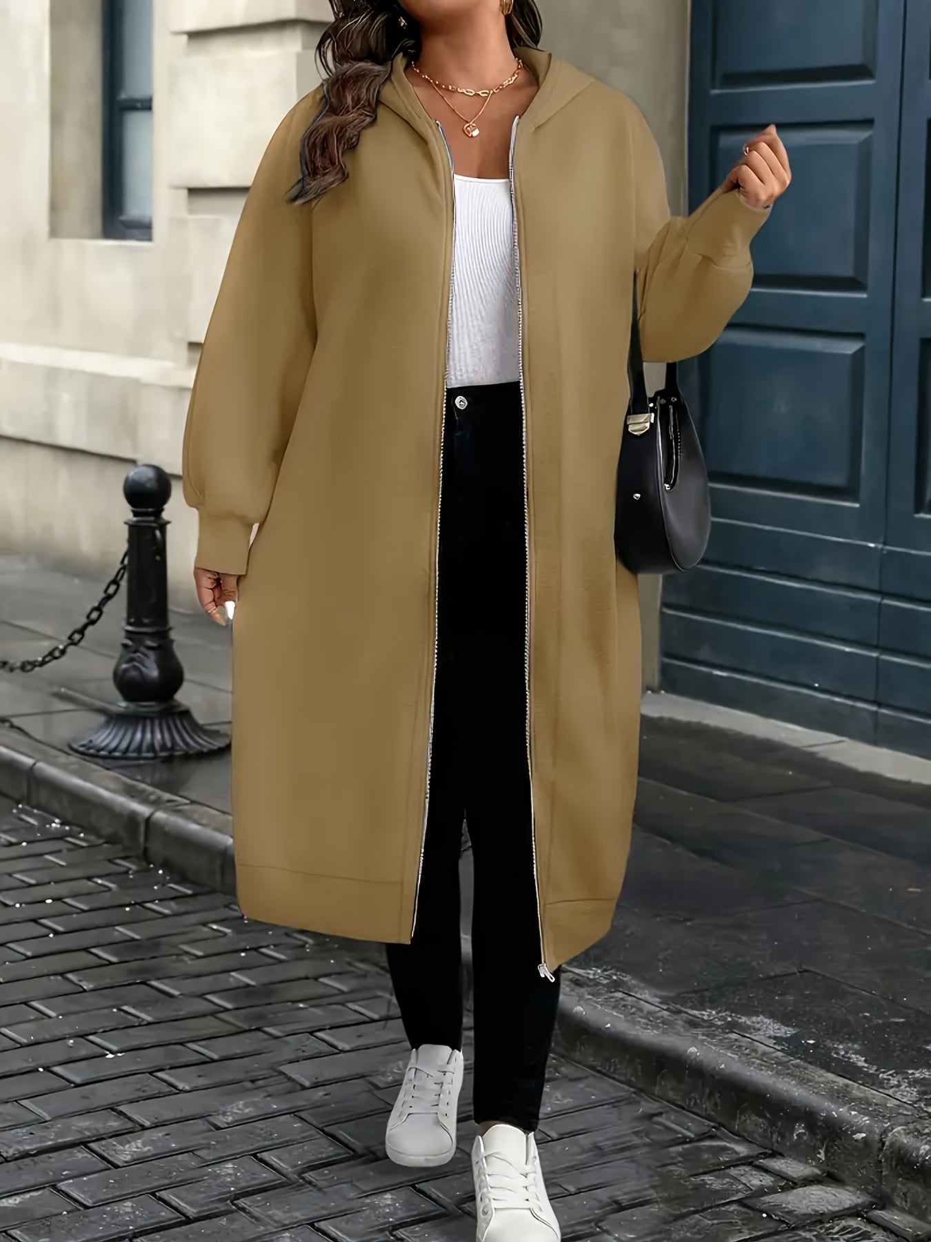 Plus Size - Plus Size - Plus Size Women'S Elegant Hooded Coat - Long Formal to Casual Outerwear, Zipper Closure, All-Season Chic Jacket for Everyday And Special Occasions, Stylish Layering Piece, Sophisticated Design, Durable Construction