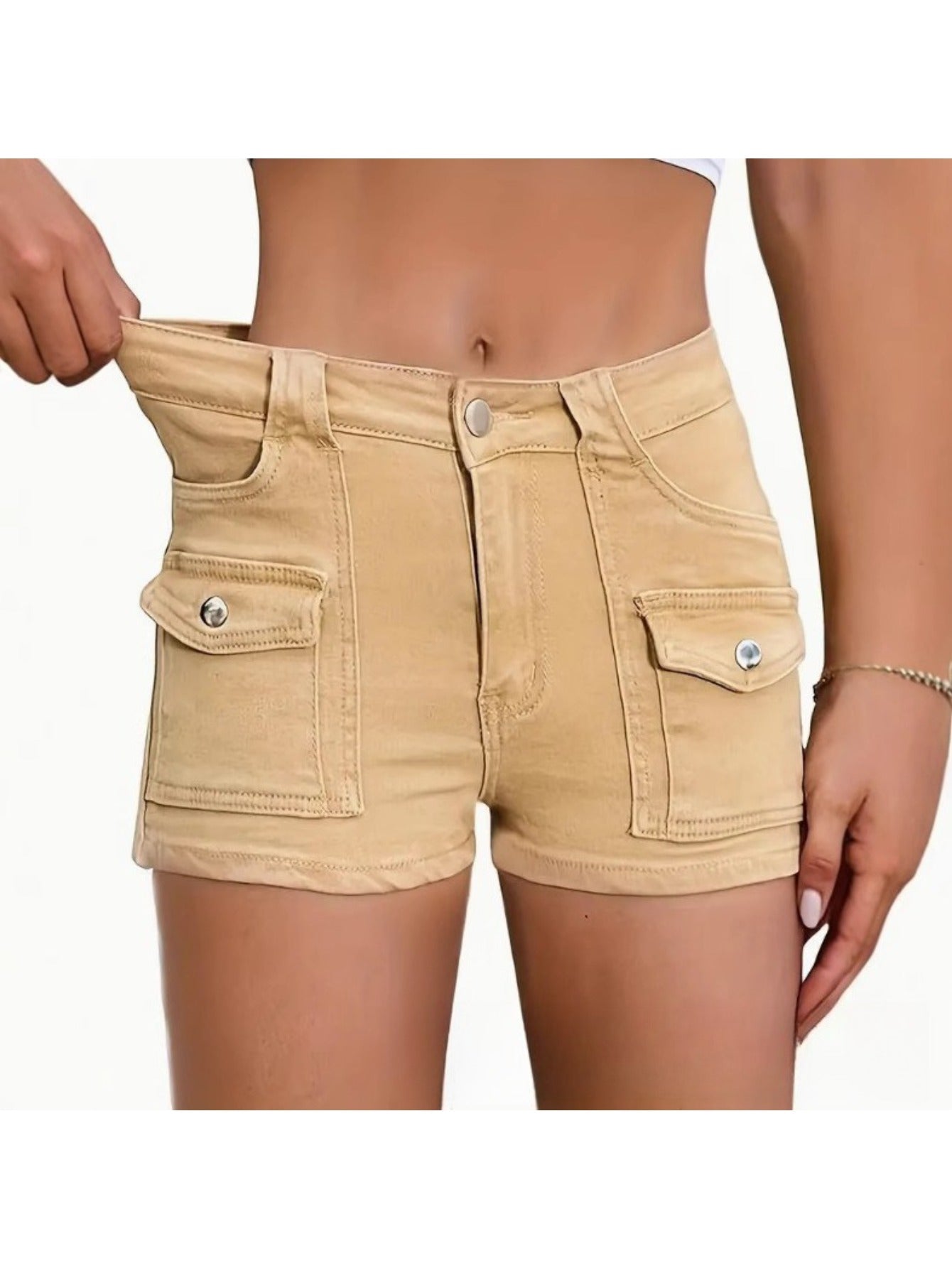 Elastic Multi-Pocket Denim Shorts with a High-Waisted Design for Women, Perfect for Casual Summer Wear
