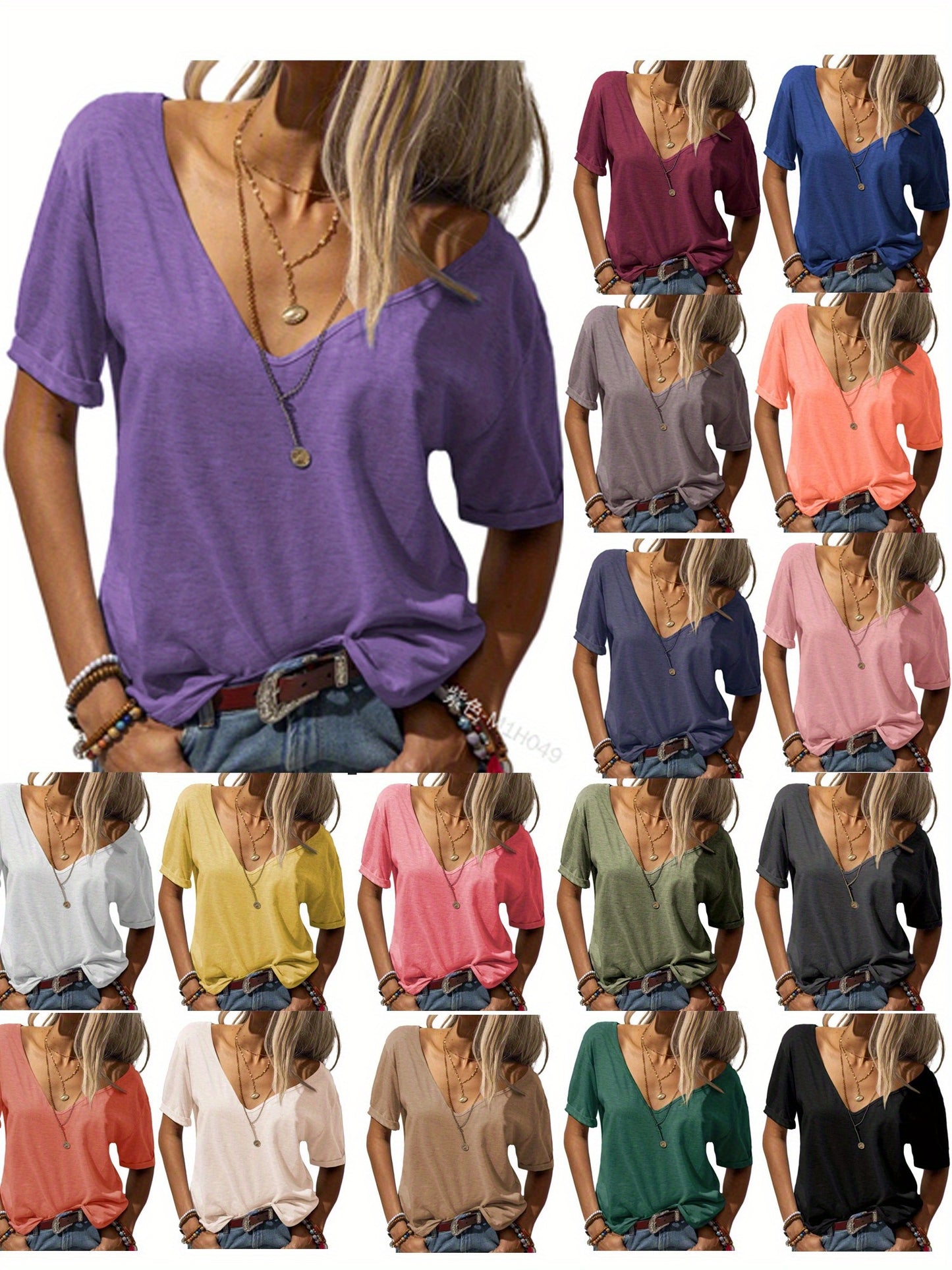 Casual Loose Basic T-Shirt for Women with a Deep V-Neck And Short Sleeves