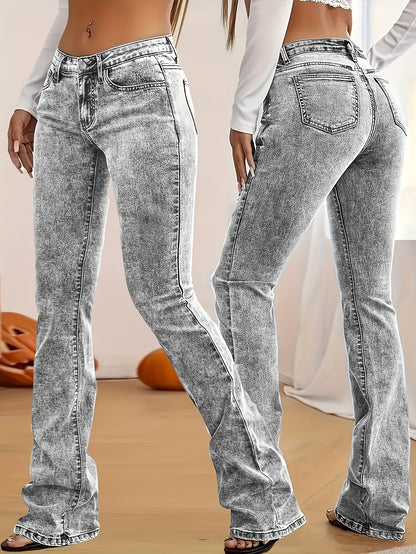2026 NEW [Long Length Skinny Flare Jeans] Women'S Casual Skinny Flare Jeans, Long Length, Low Waist, Button Fly, Medium Stretch, All Seasons, Solid Color