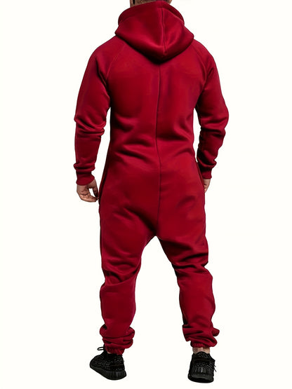 A Men's Hooded Fleece-lined Jumpsuit, Long Sleeve, Full Zip Jumpsuit with Kangaroo Pocket, Suitable for Spring Travel And Seaside Trips
