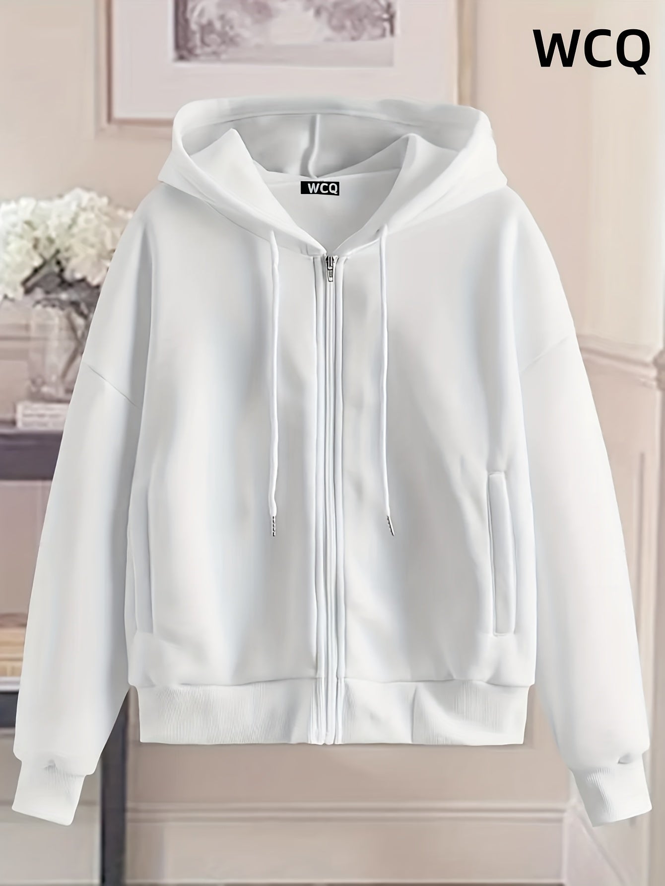Women's Chic White Zip-Up Hoodie - Casual Polyester Sweatshirt with Geometric Pattern, Machine Washable &  Cleanable, Ideal for Spring/Summer/Fall, Sweater Hoodie