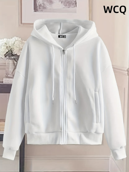 Women's Chic White Zip-Up Hoodie - Casual Polyester Sweatshirt with Geometric Pattern, Machine Washable &  Cleanable, Ideal for Spring/Summer/Fall, Sweater Hoodie