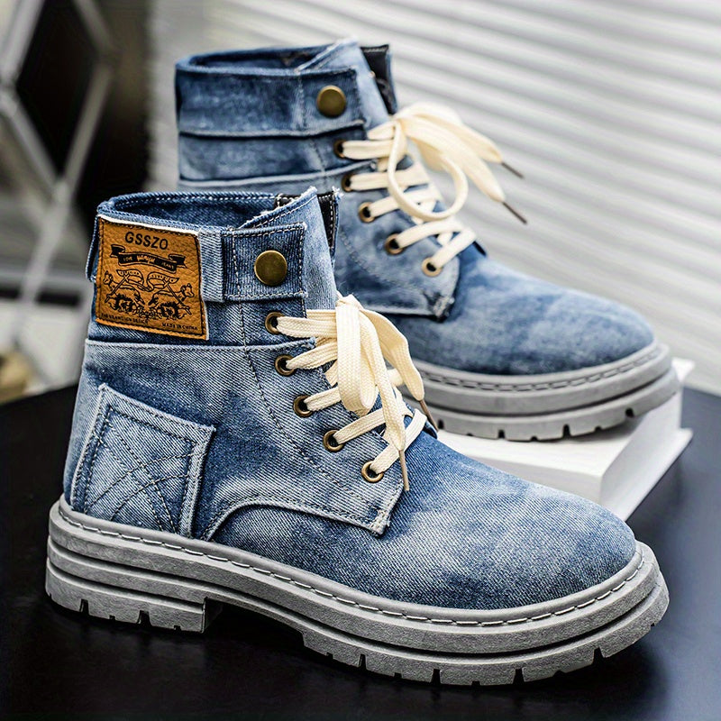 Retro-Style High-Top Sneakers - Casual Canvas Boots Featuring Lace-Up Design, Round Toe, And Beige Laces, Comfortable for All Seasons for Outdoor And Everyday Use, Outdoor Shoes | Retro Sneakers | Sturdy Footwear