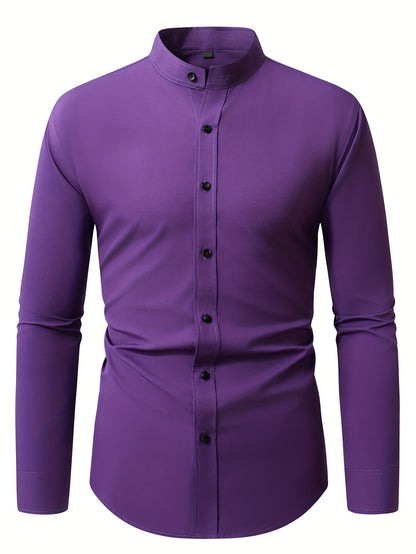 Men'S Henley Collar Long Sleeve Shirt | Casual, All-season, Solid Color, Regular Fit, Button Details, Woven Fabric