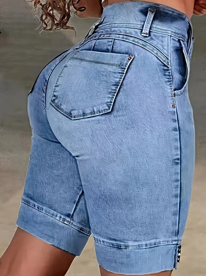 Women's Large Size High Waist Denim Shorts Street Style Double Breasted High Elastic Comfortable Soft Denim Fabric Suitable for Spring And Summer