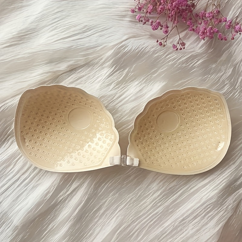 1 Pair SAHOBBIEHOP Lace Adhesive Push Up Bra Inserts - Polyester 80%, Silicone 20%, Breathable, Strong Adhesion, Front Button Design, Non-Transparent, Wireless Support, Ideal for Wedding Dresses and Strapless Gowns