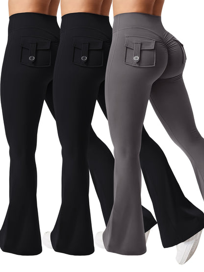 Women's Autumn 3pcs Set, New Style Casual Flared Yoga Pants, Training Flared Trousers, High-Waist Workwear with Belt and Pockets, Sportswear, Halloween Costume, Christmas Apparel