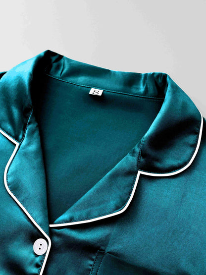 3pcs Women'S Satin Pajama Set - Casual Solid Color Long Sleeve Shirt & Elastic Waist Pants, Lapel Collar, Button Detail, Fall/Winter Sleepwear