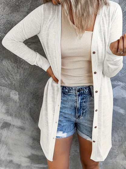 Solid Color Button Front Cardigans, Casual Long Sleeve Long Length Cardigans Top for Spring And Fall, Women'S Clothing