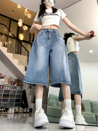 High-Waisted Denim Shorts for Women, Featuring a Casual Straight Leg Design with a Button Fly, Available in Solid Colors with a Slight Stretch And Washed Detailing, Perfect for Spring And Summer