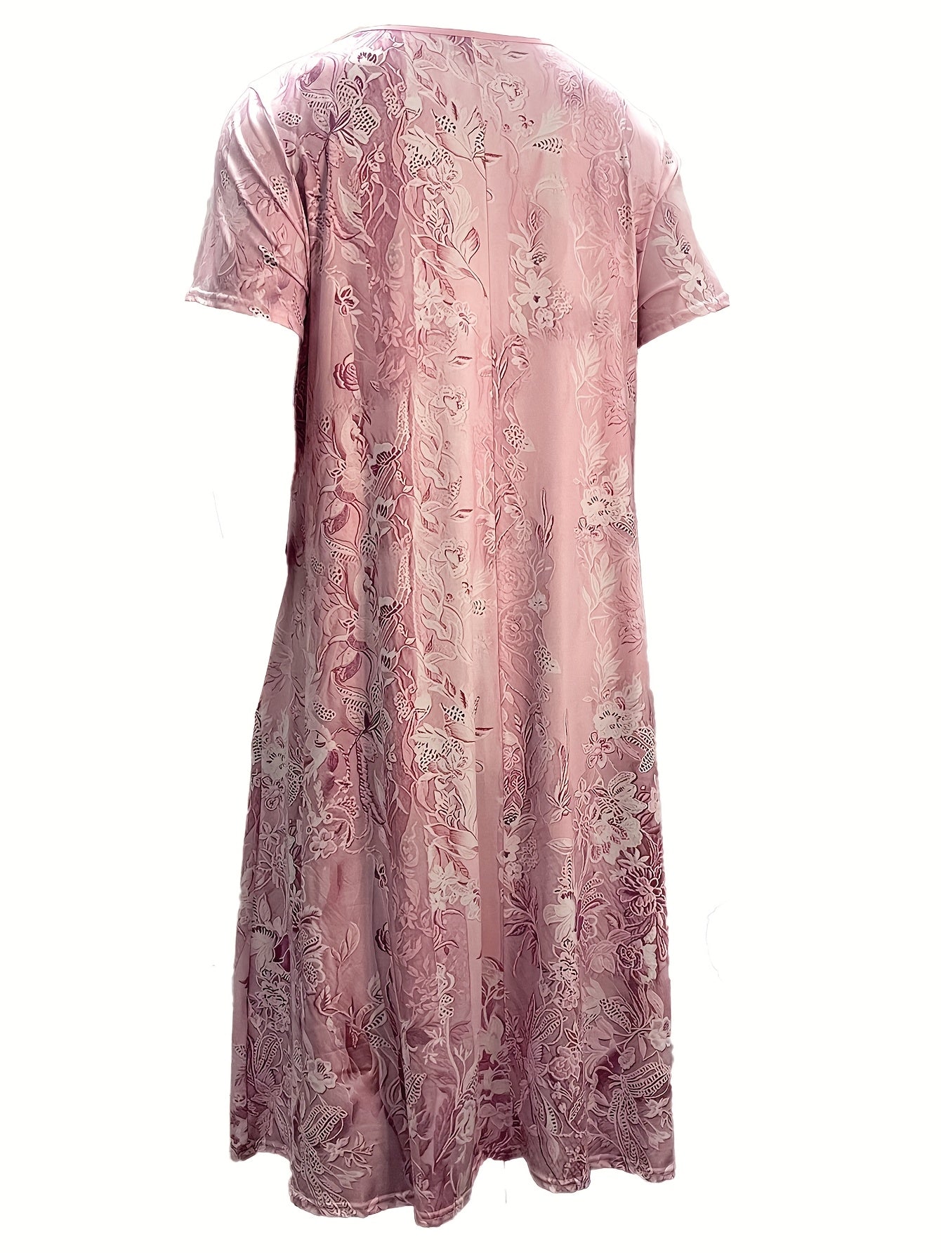 Plus Size Flower Print Midi Dress with Lace Neck and Short Sleeve