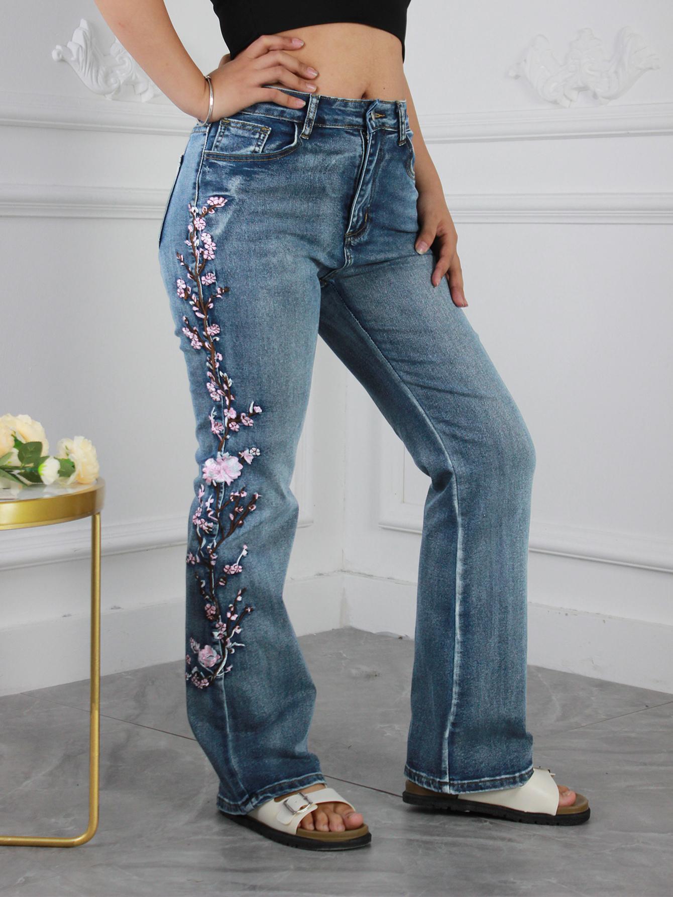 Women'S Vintage High Waist Jeans Micro Stretch Slim Bootcut Jeans, Floral Embroidered Flared Jeans, Vintage Style, Elegant