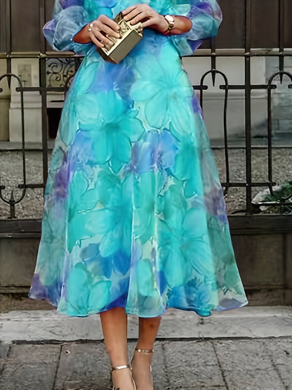 [Wedding Guest Party] Women's Floral Print Chiffon Maxi Dress - Elegant Ombre Gradient Long Sleeve Dress with Back Zipper, Wedding Guest Party Dress, Flowy Sunset Dress