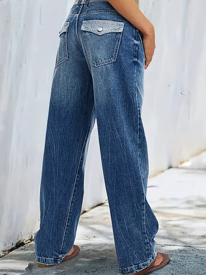 HME Women'S Vintage Relaxed Jeans, Designed with a Fit And Five-Pocket Style. Crafted from Durable Washed Denim, Highlighting a Waistband Patchwork Feature. The Material Is Flexible, Cozy, And Airy