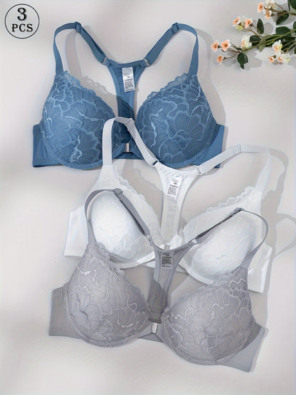 3pcs Front Closure Lace Patchwork Bras for Women with Underwire, Push-Up, Anti-Sagging, Sexy Back Design, Suitable for Dating