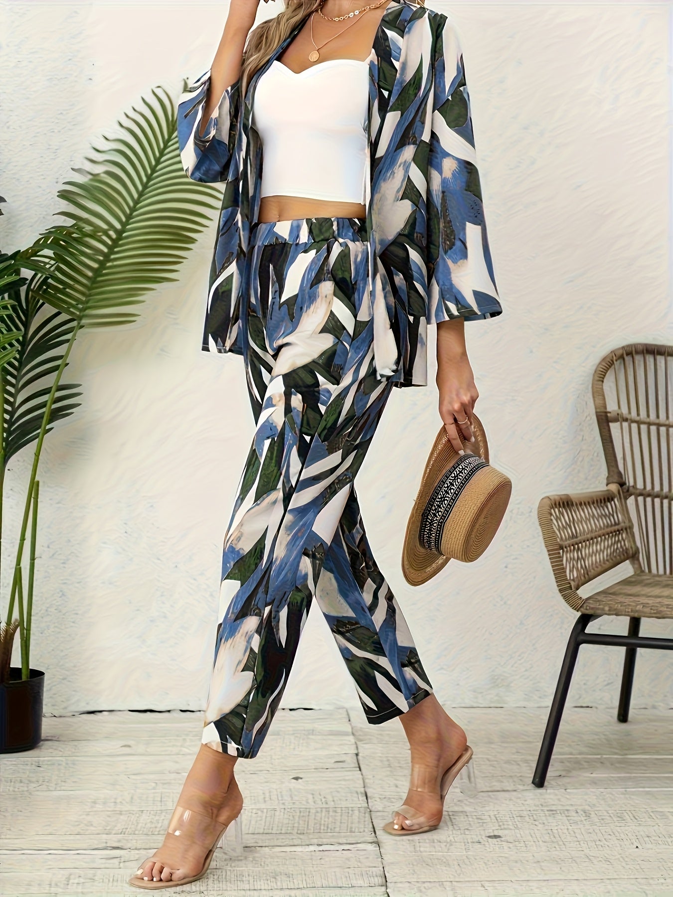 [ Cloud Orientation ] Women'S Elegant Leaf Print Two Piece Set