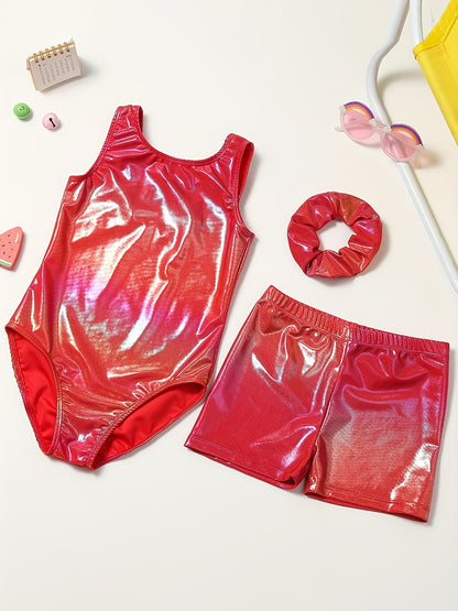 Girls' Sleeveless Gymnastics Bodysuit + Shorts + Headwear, Perfect for Outdoor
