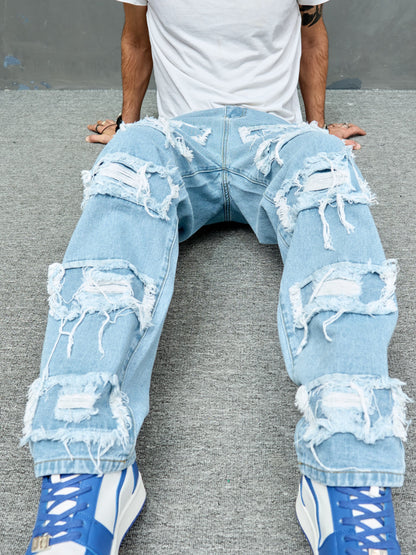 Cross Border New Men's Denim Wide Leg Pants with Smooth Whiskers And Pleats, Loose And Casual, Versatile, Solid Color Wide Leg Men's Long Pants Trend