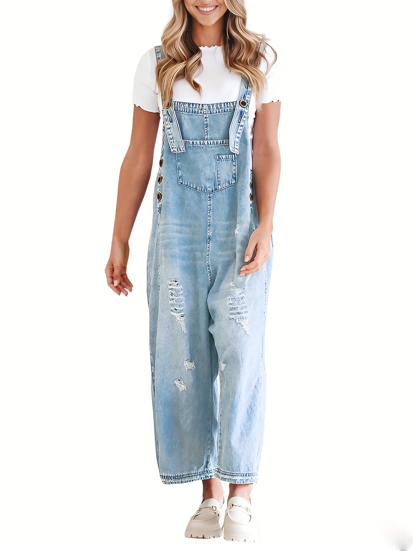 Casual Denim Overalls for Women Featuring a Loose Fit, Adjustable Straps, Distressed Design, And Pockets