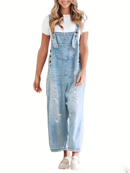 Casual Denim Overalls for Women Featuring a Loose Fit, Adjustable Straps, Distressed Design, And Pockets