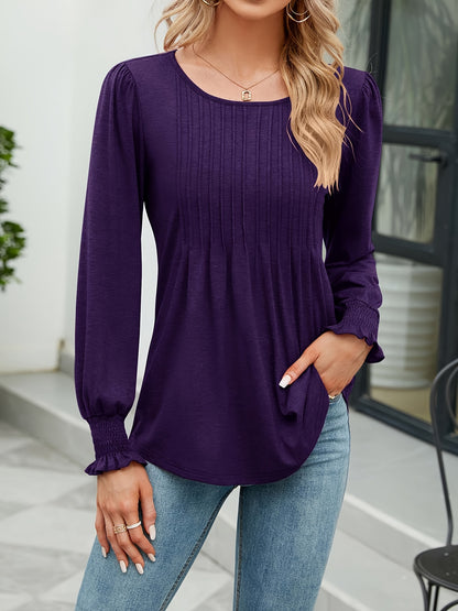 Women'S Autumn Puff Long Sleeve Tunic Tops Pleated Crew Neck Shirts Blouses Casual Loose T-Shirts