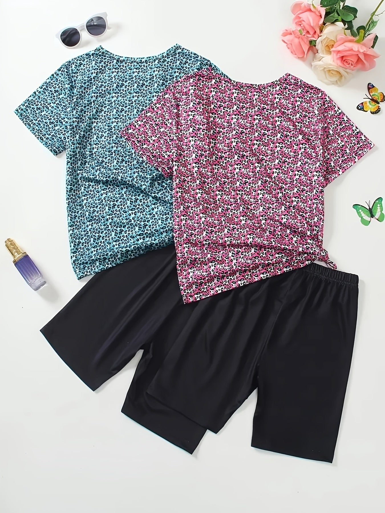 Set of 4 Girls' Outfits for Spring And Summer Featuring Butterfly And Leopard Print Short-Sleeve Tops Paired with Slim-Fit Shorts. Made from a Machine-Washable, These Clothes Are Perfect for Everyday Wear And Activities, for Outdoor