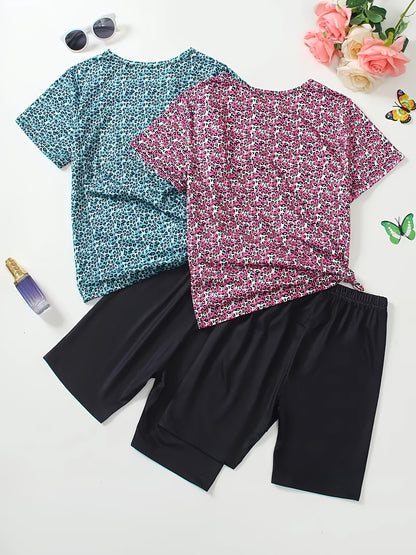Set of 4 Girls' Outfits for Spring And Summer Featuring Butterfly And Leopard Print Short-Sleeve Tops Paired with Slim-Fit Shorts. Made from a Machine-Washable, These Clothes Are Perfect for Everyday Wear And Activities, for Outdoor