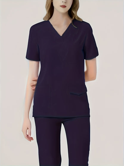 Ultra-Soft Womens Two-Piece Health Care Uniform Set - Stylish V-Neck Top With Practical Pockets & Sleek Solid Pants - Premium Quality, Comfortable Everyday Wear For Women