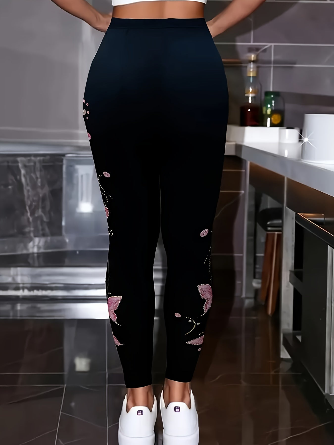 Plus Size, Plus Size - Women's Plus Size Elegant Pants - Stretchy Non - See - Through Leggings with Black & Pink Butterfly Print, All-Season Formal & Casual Pants for Everyday, Parties, Office - Non-Transparent Trousers for Women.
