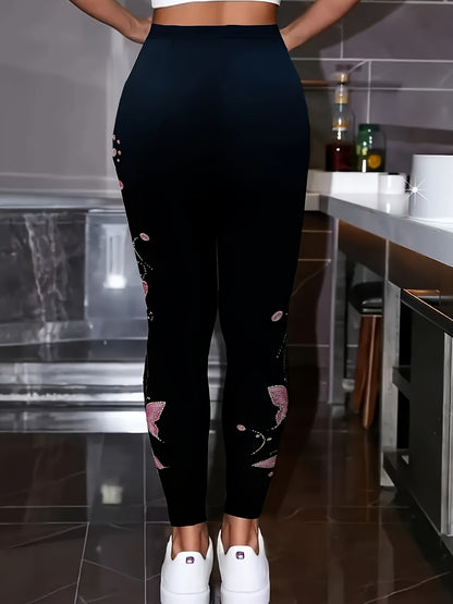 Plus Size, Plus Size - Women's Plus Size Elegant Pants - Stretchy Non - See - Through Leggings with Black & Pink Butterfly Print, All-Season Formal & Casual Pants for Everyday, Parties, Office - Non-Transparent Trousers for Women.